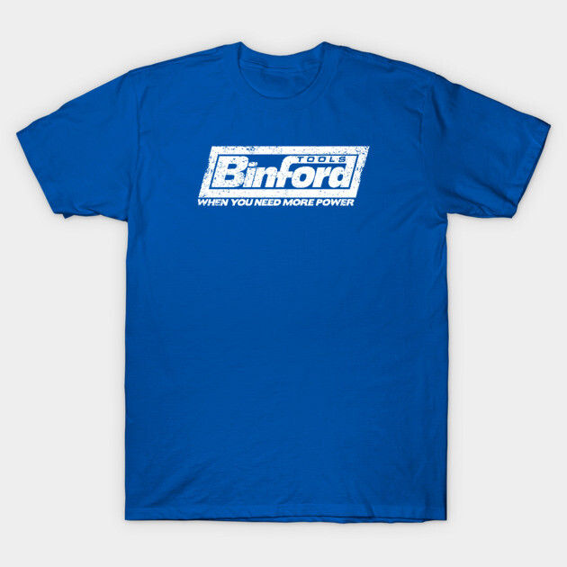 Blue graphic T-shirt with "Binford Tools" logo, casual style, cotton material, ideal for everyday wear.