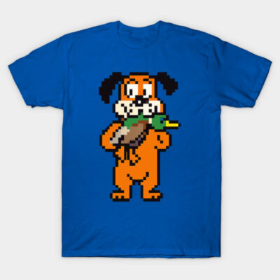 Blue cotton t-shirt with retro pixelated cartoon dog design, casual style, perfect for gaming enthusiasts.