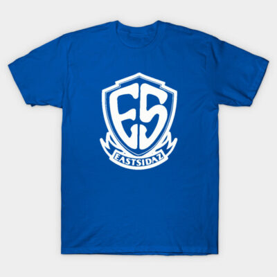 Blue graphic t-shirt with white "ES Eastsidaz" logo, casual cotton apparel for everyday wear.
