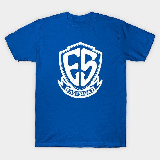 Blue graphic t-shirt with white "ES Eastsidaz" logo, casual cotton apparel for everyday wear.