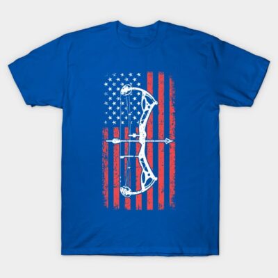 Blue T-shirt with American flag and bow graphic, casual style, cotton material, ideal for everyday wear.