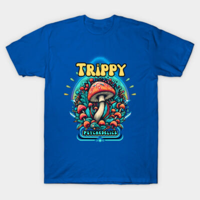 Blue t-shirt with psychedelic mushroom graphic and "Trippy Psychedelics" text, perfect for casual wear.