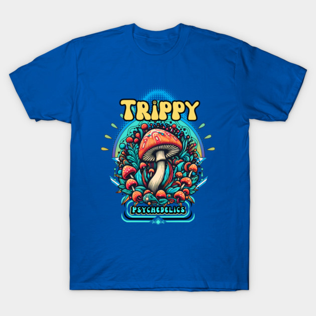 Blue t-shirt with psychedelic mushroom graphic and "Trippy Psychedelics" text, perfect for casual wear.