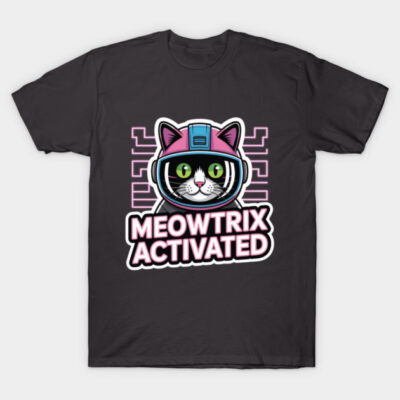 Black t-shirt with "Meowtrix Activated" cat design, featuring a futuristic theme, perfect for casual wear.
