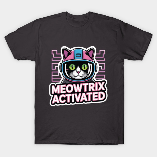 Black t-shirt with "Meowtrix Activated" cat design, featuring a futuristic theme, perfect for casual wear.