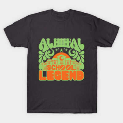 Black t-shirt with colorful retro design featuring "School Legend" text, perfect for casual wear and school events.
