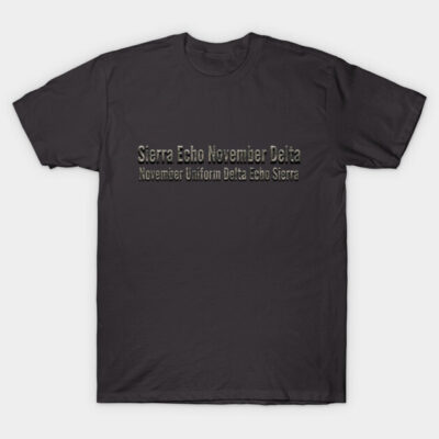 Black cotton T-shirt with military-style text design, casual wear, suitable for everyday use, unisex.