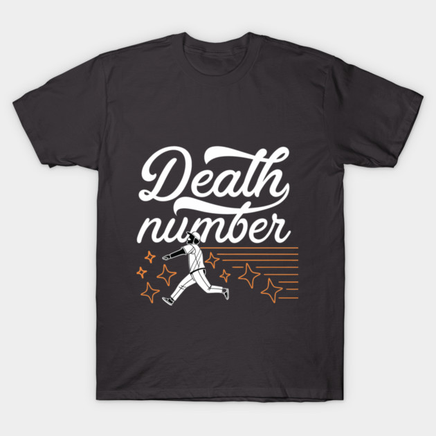 Black cotton t-shirt with "Death Number" text and sports graphic, casual style for everyday wear.