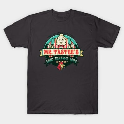 Black graphic t-shirt with retro ice cream logo, casual style, cotton material, perfect for everyday wear.