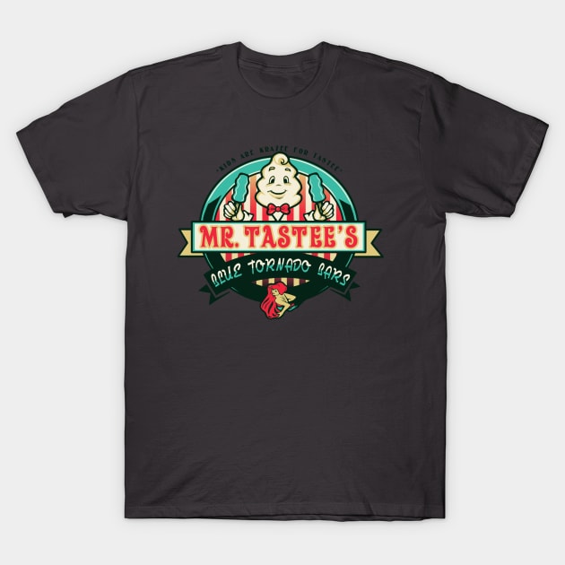 Black graphic t-shirt with retro ice cream logo, casual style, cotton material, perfect for everyday wear.