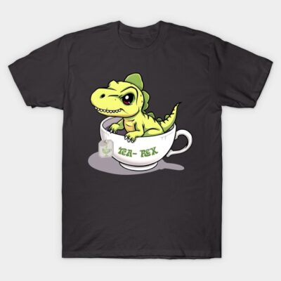 Black T-shirt with cute green dinosaur in teacup design, "Tea-Rex" text, casual style, cotton material.