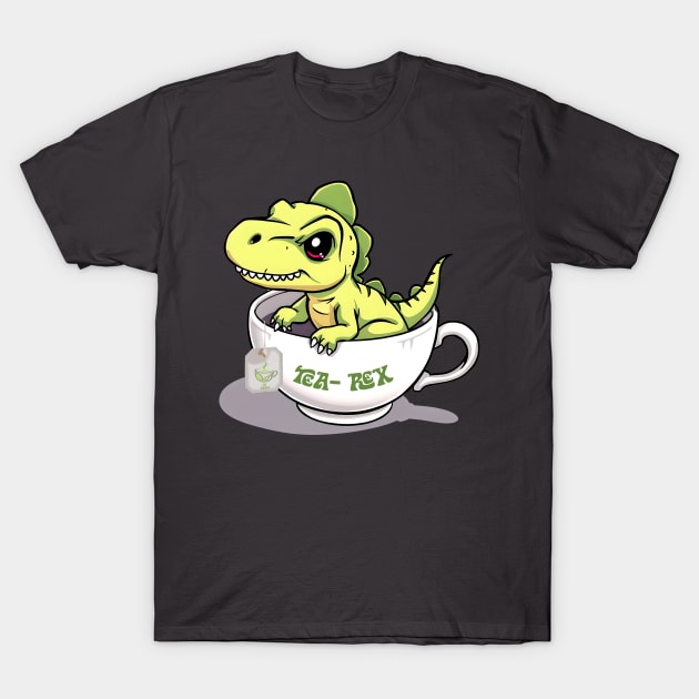 Black T-shirt with cute green dinosaur in teacup design, "Tea-Rex" text, casual style, cotton material.