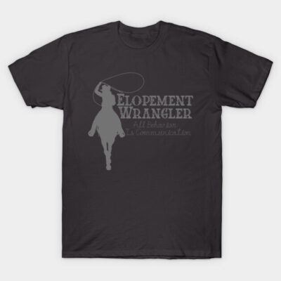Dark gray t-shirt with "Elopement Wrangler" text and horse graphic, casual style, cotton material, unisex design.