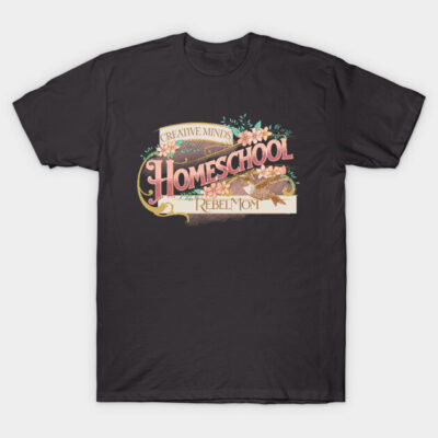 Black homeschool-themed T-shirt with floral design, ideal for casual wear, cotton material for comfort.
