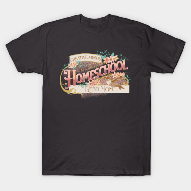 Black homeschool-themed T-shirt with floral design, ideal for casual wear, cotton material for comfort.