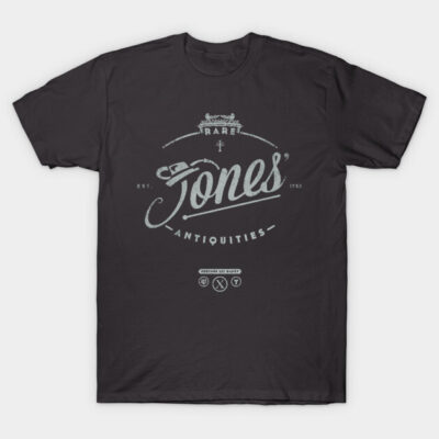 Black graphic t-shirt with vintage-style "Jones' Antiquities" print, casual cotton blend, unisex design.