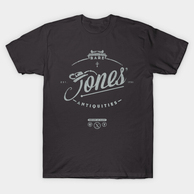 Black graphic t-shirt with vintage-style "Jones' Antiquities" print, casual cotton blend, unisex design.