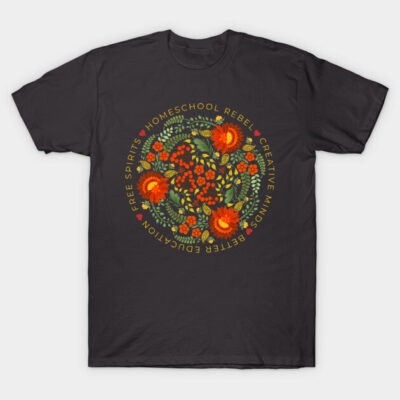 Black t-shirt with colorful floral design and text for creative minds. Cotton material, casual style, unisex.