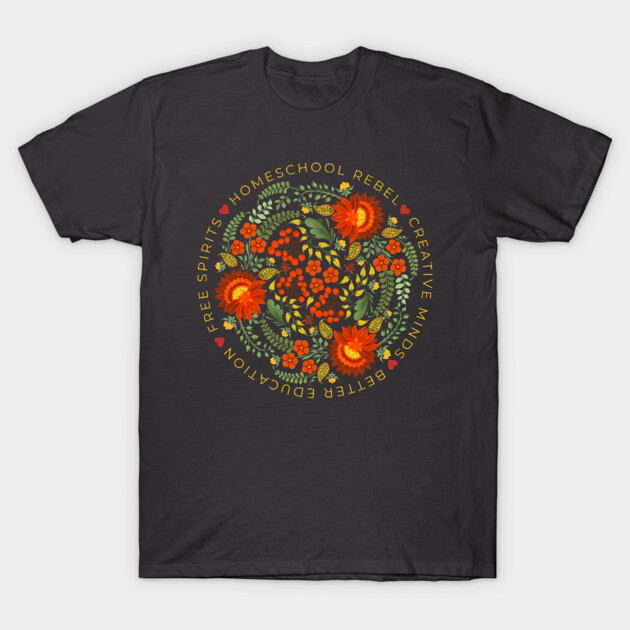 Black t-shirt with colorful floral design and text for creative minds. Cotton material, casual style, unisex.