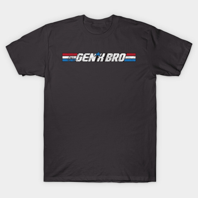 Black cotton t-shirt with "Gen X Bro" graphic in red, white, and blue stripes, casual style for everyday wear.