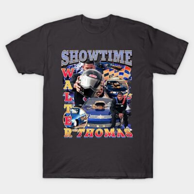 Black graphic t-shirt featuring racing-themed collage with cars and helmet, ideal for motorsport enthusiasts.
