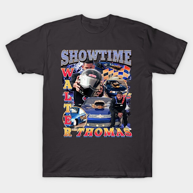 Black graphic t-shirt featuring racing-themed collage with cars and helmet, ideal for motorsport enthusiasts.