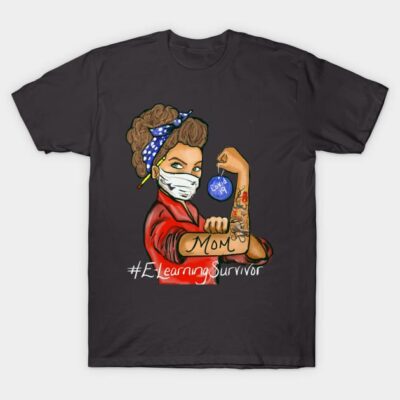 Black t-shirt with "Mom" and "#ELearningSurvivor" graphic, featuring a masked figure, ideal for casual wear.