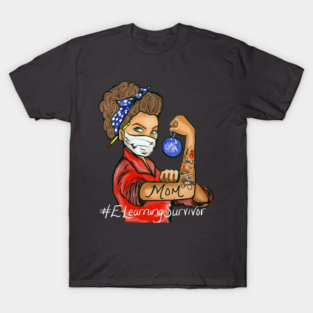 Black t-shirt with "Mom" and "#ELearningSurvivor" graphic, featuring a masked figure, ideal for casual wear.