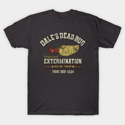 "Black graphic T-shirt featuring vintage extermination service print, ideal for casual wear, made from soft cotton blend."