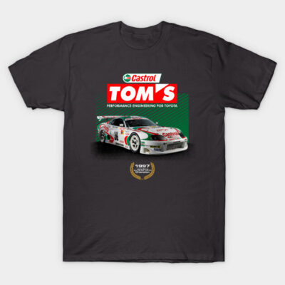 Black T-shirt featuring vintage racing car design, “Castrol TOM'S” print, casual wear, 100% cotton.