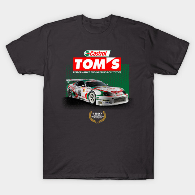 Black T-shirt featuring vintage racing car design, “Castrol TOM'S” print, casual wear, 100% cotton.