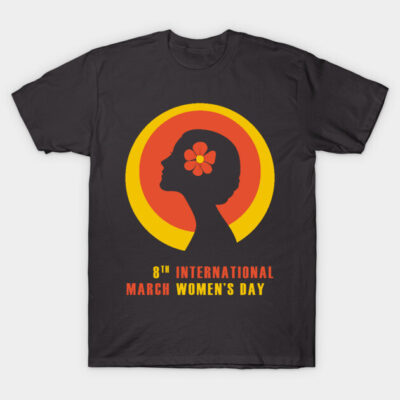 Black Women's Day T-shirt, silhouette design with orange-yellow background, floral accent, cotton fabric, casual wear.