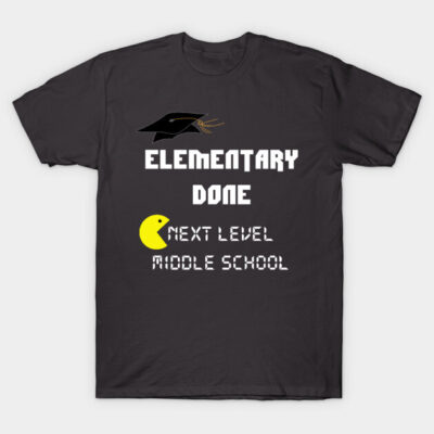 Graduation-themed black t-shirt with "Elementary Done, Next Level Middle School" text and graphic design.