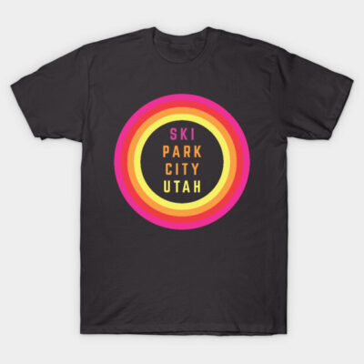 "Black cotton T-shirt with vibrant Ski Park City Utah design, featuring colorful concentric circles."