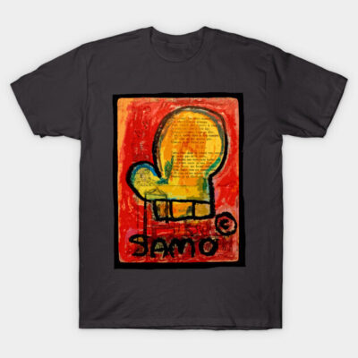 Charcoal gray t-shirt with abstract orange and yellow artwork, casual style, comfortable cotton material.