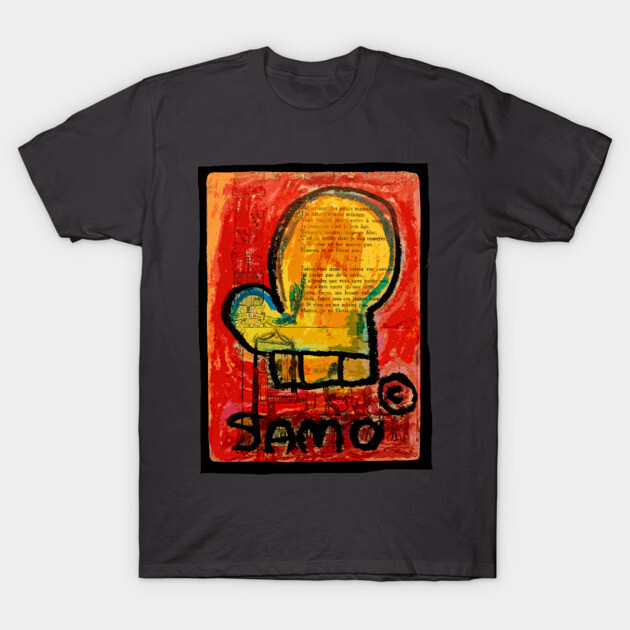 Charcoal gray t-shirt with abstract orange and yellow artwork, casual style, comfortable cotton material.