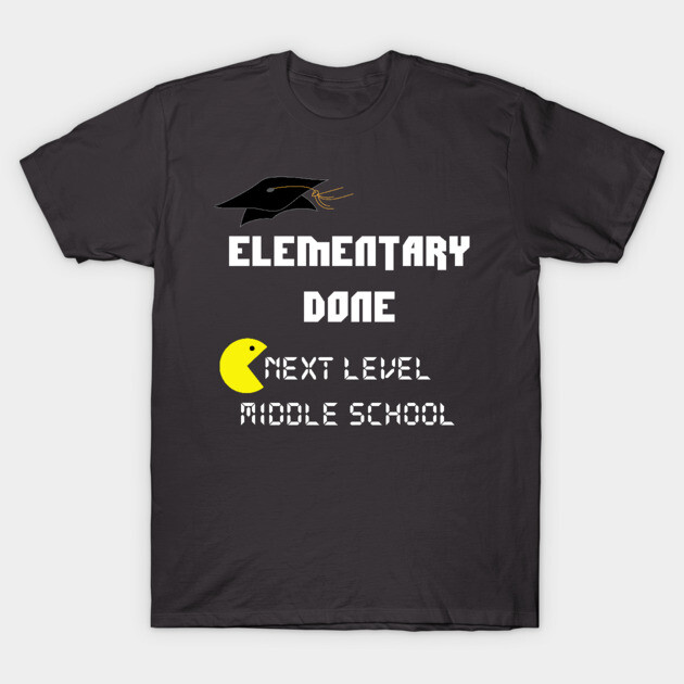 Graduation-themed black t-shirt with "Elementary Done, Next Level Middle School" text and graphic design.