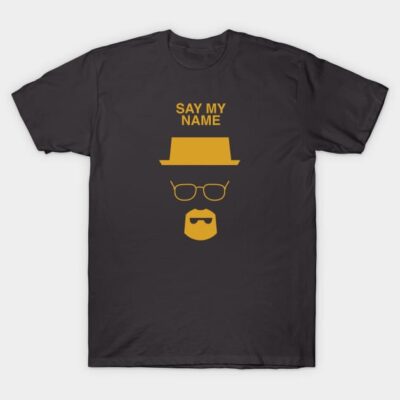 Black T-shirt with yellow graphic and text "Say My Name," casual style, cotton material, unisex design.