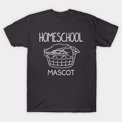 "Black t-shirt with 'Homeschool Mascot' text and laundry basket graphic, casual cotton apparel for home use."