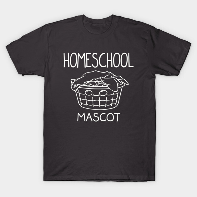 "Black t-shirt with 'Homeschool Mascot' text and laundry basket graphic, casual cotton apparel for home use."