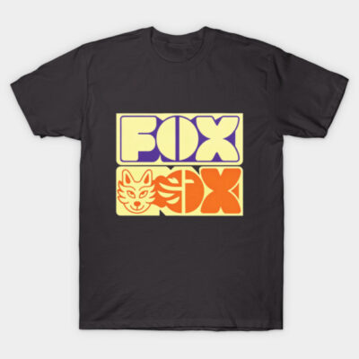 Black t-shirt with retro "FOX" graphic in yellow, orange, and purple. Casual wear, cotton material, unisex design.