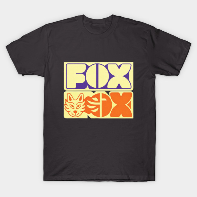 Black t-shirt with retro "FOX" graphic in yellow, orange, and purple. Casual wear, cotton material, unisex design.
