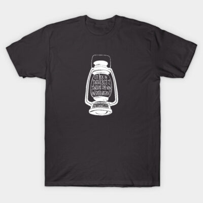 Charcoal gray t-shirt with white lantern graphic and Latin text, casual style, cotton material, ideal for everyday wear.