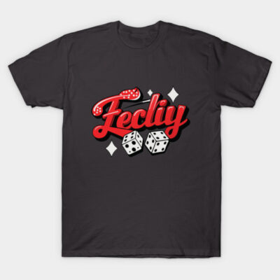Black graphic tee with red "Fecliy" text and dice design, casual style, cotton material, unisex T-shirt.