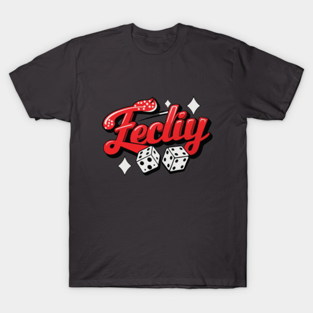 Black graphic tee with red "Fecliy" text and dice design, casual style, cotton material, unisex T-shirt.
