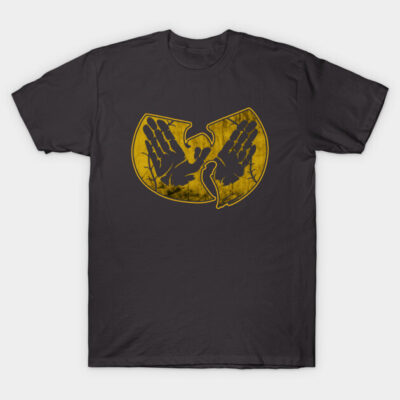 Black t-shirt with yellow graphic design, casual style, unisex, cotton material, ideal for everyday wear.