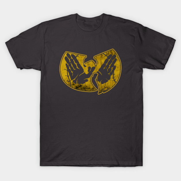 Black t-shirt with yellow graphic design, casual style, unisex, cotton material, ideal for everyday wear.