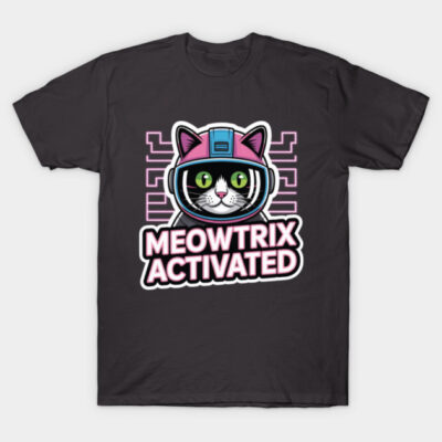 Black t-shirt with "Meowtrix Activated" cat design, featuring pink and blue accents. Perfect for casual wear and cat lovers.