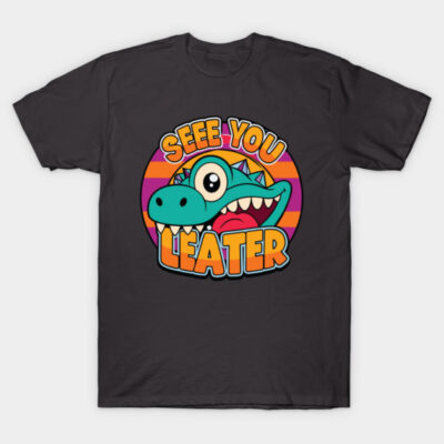 Black t-shirt with colorful cartoon dinosaur and playful text design, perfect for casual wear or gifts.