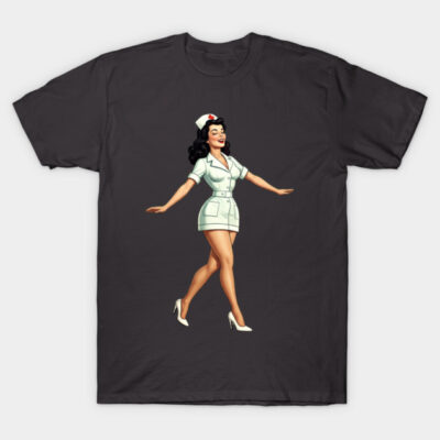 Happy Retro Brunette Nurse Pinup Girl T-Shirt by Hecate Pim
